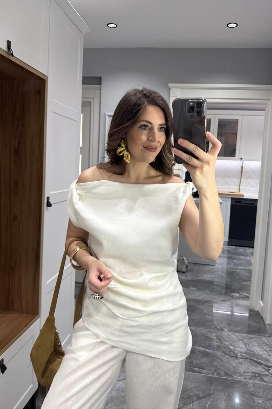 Asimetrik Kesim Tek Omuz Düşük Keten Takım Beyaz