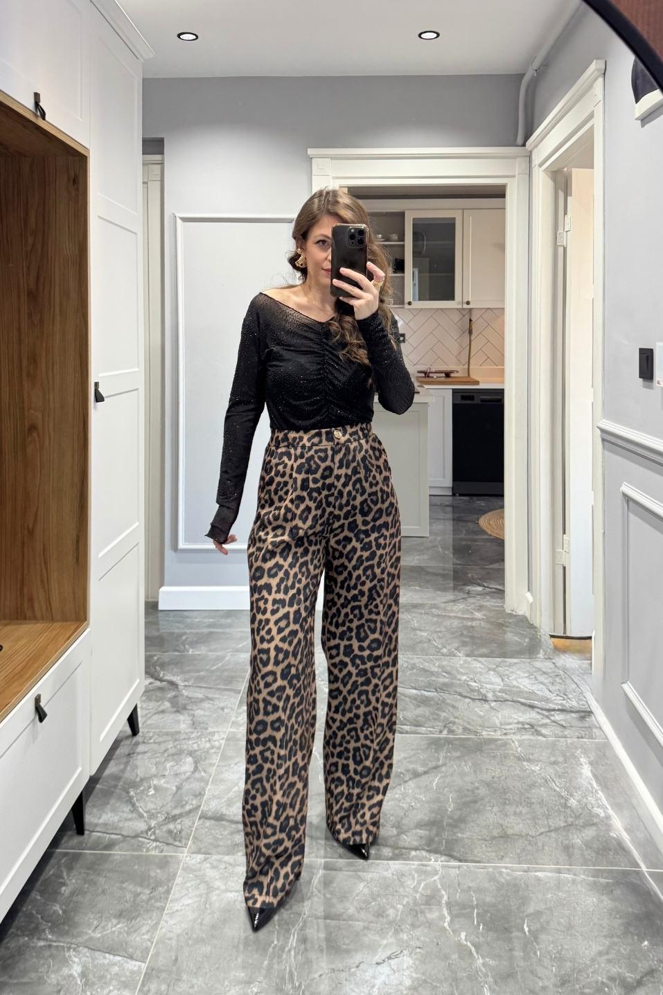 Bel Lastikli Leopar Desen Pantolon Siyah-Camel