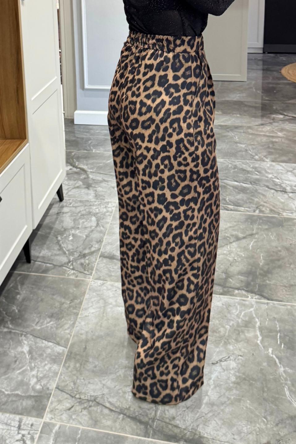 Bel Lastikli Leopar Desen Pantolon Siyah-Camel