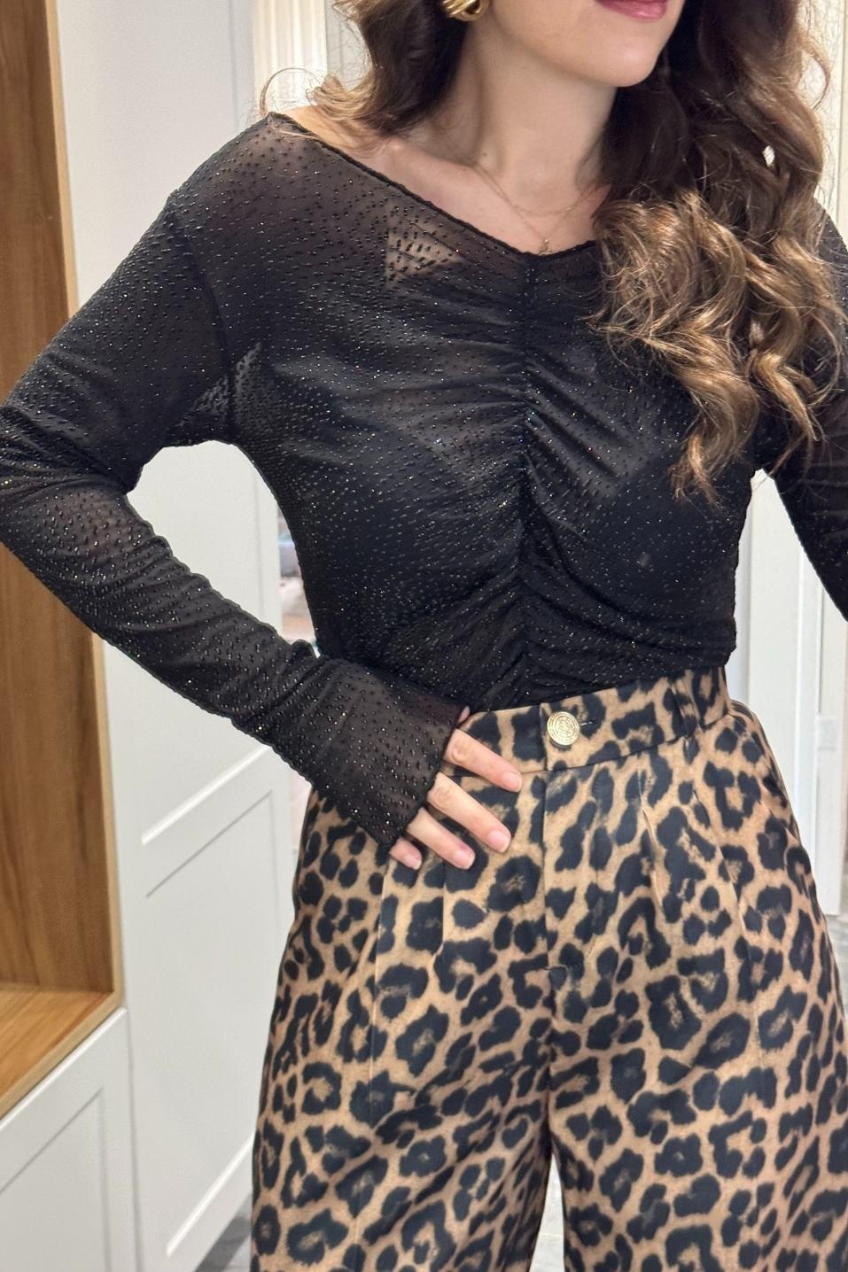 Bel Lastikli Leopar Desen Pantolon Siyah-Camel