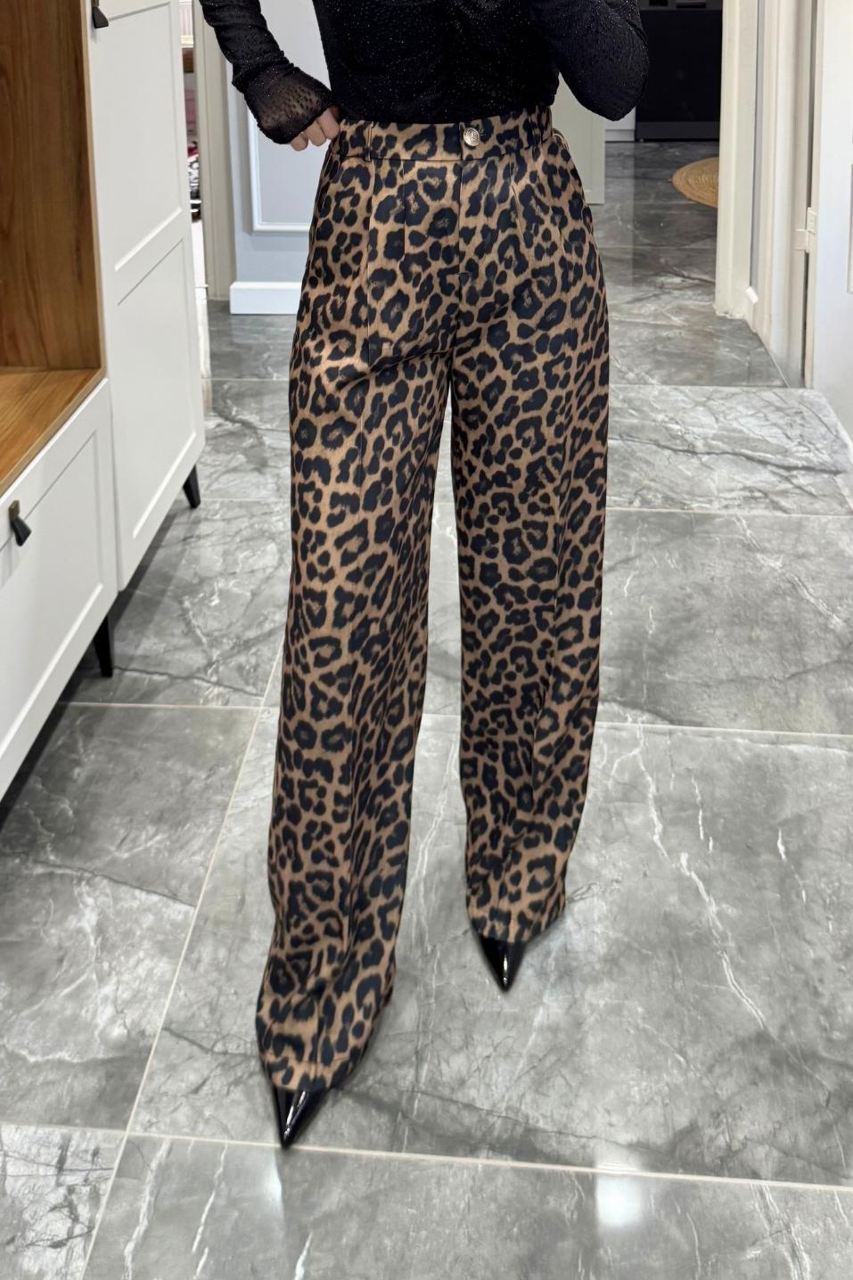 Bel Lastikli Leopar Desen Pantolon Siyah-Camel