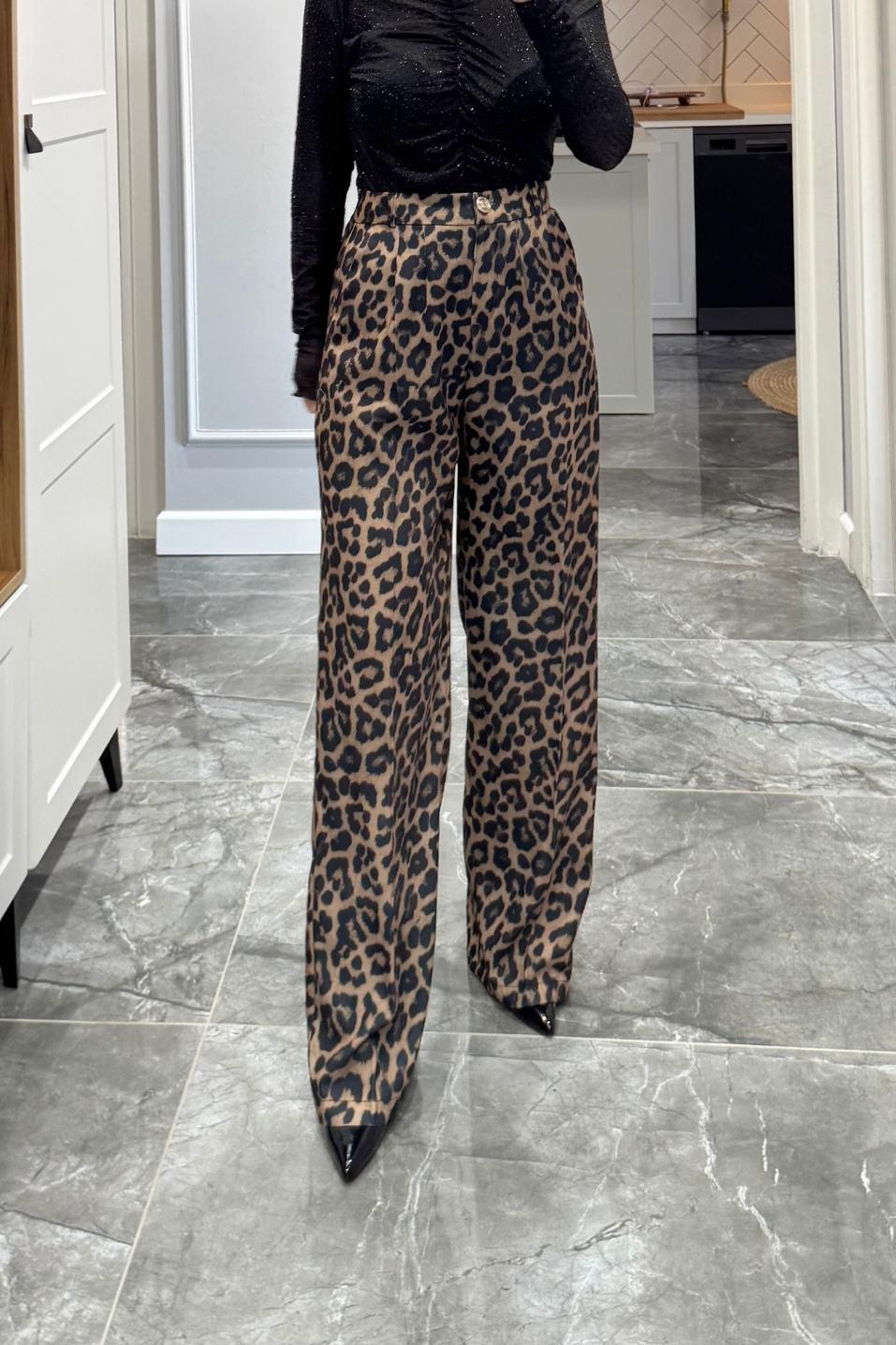 Bel Lastikli Leopar Desen Pantolon Siyah-Camel