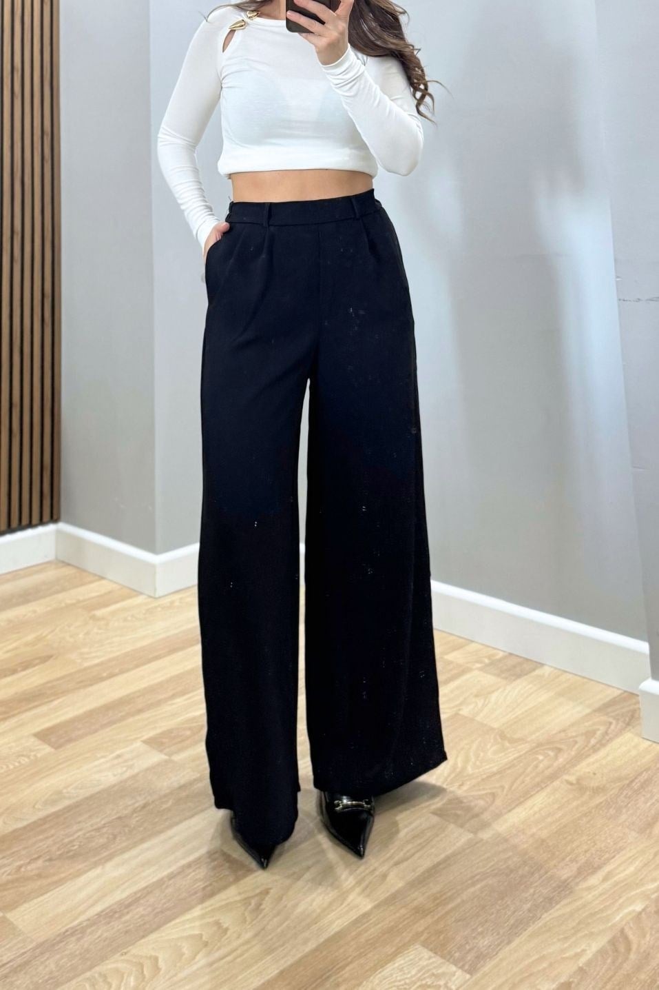 Beli Lastikli Bol Paça Pantolon Siyah