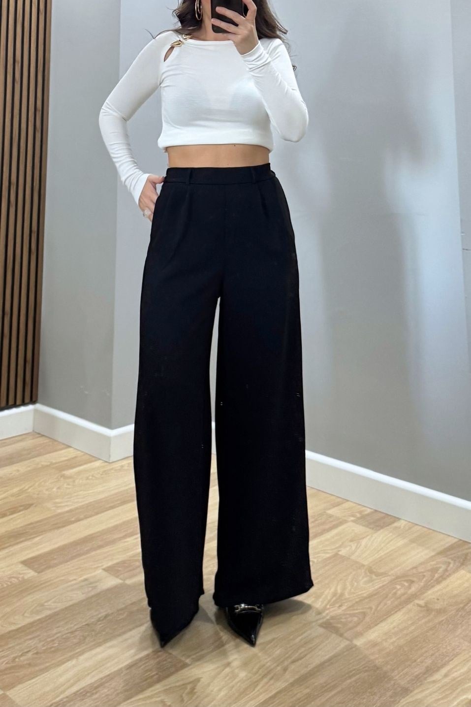 Beli Lastikli Bol Paça Pantolon Siyah