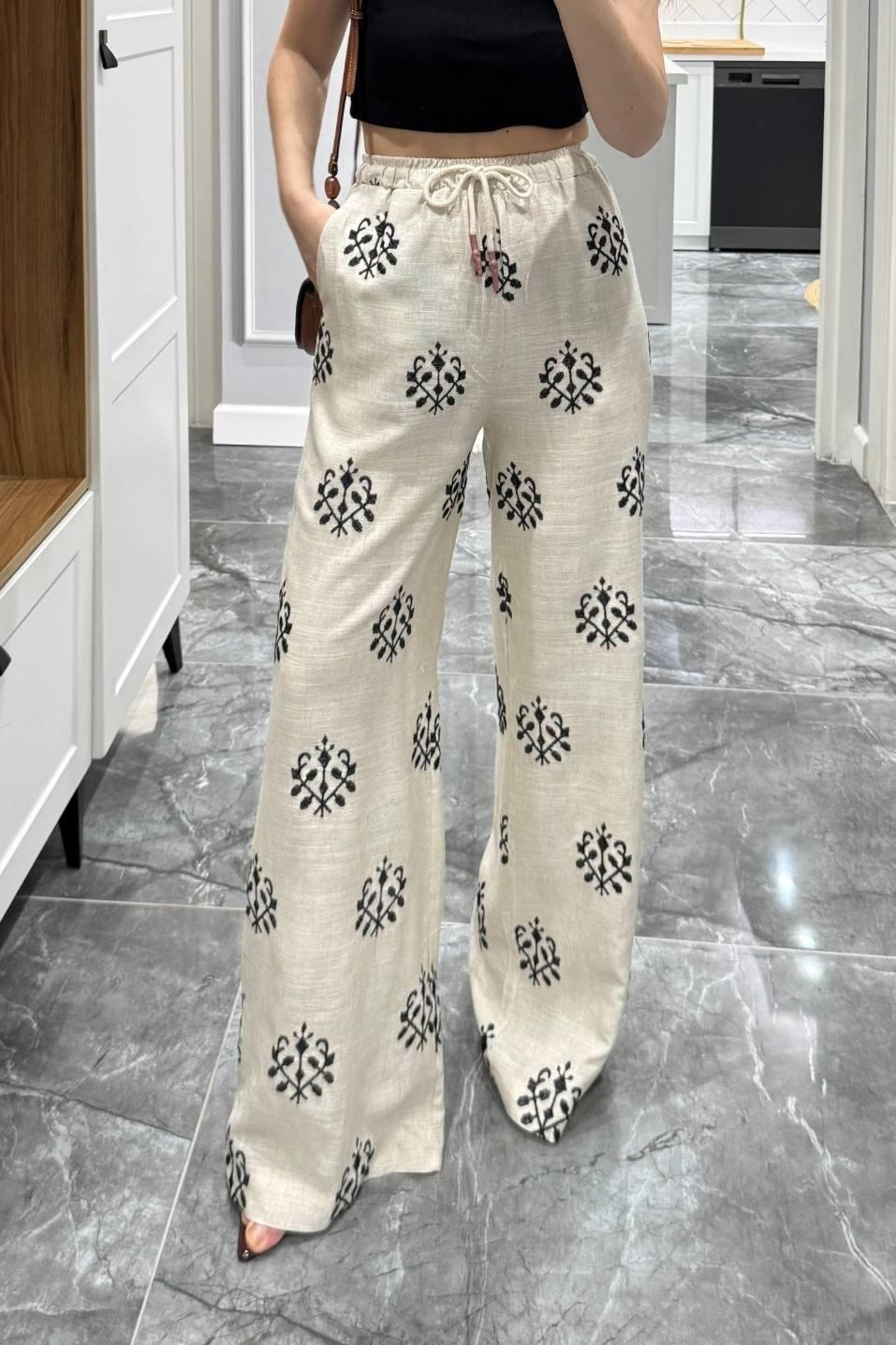 Etnik Desen Nakışlı Keten Pantolon Natural