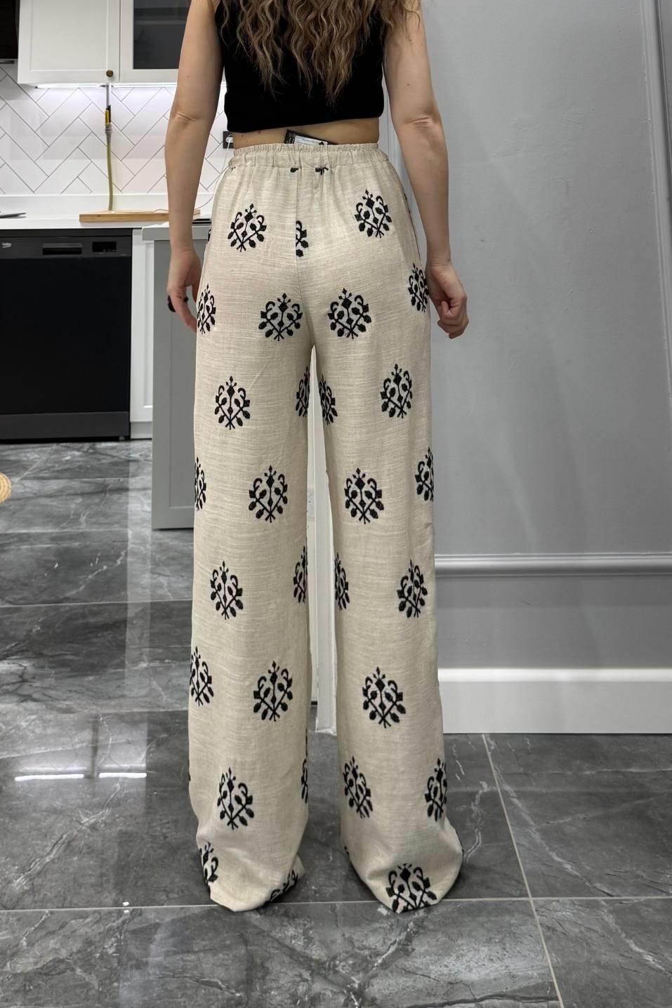 Etnik Desen Nakışlı Keten Pantolon Natural