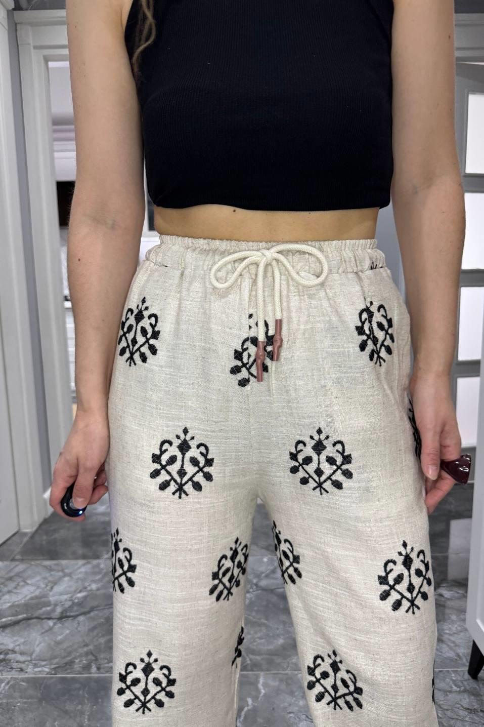 Etnik Desen Nakışlı Keten Pantolon Natural