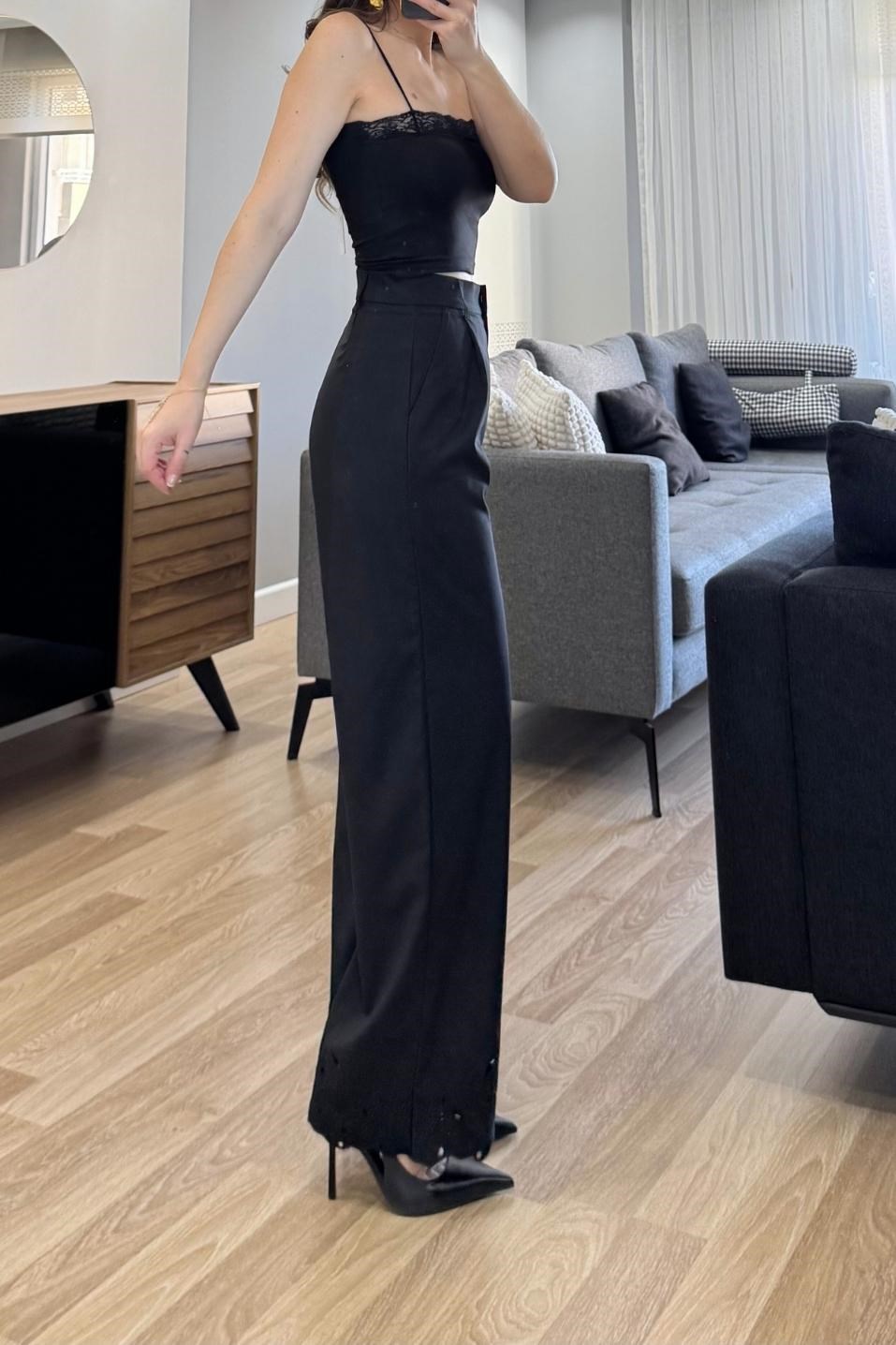Nakış Detaylı Kumaş Pantolon Siyah