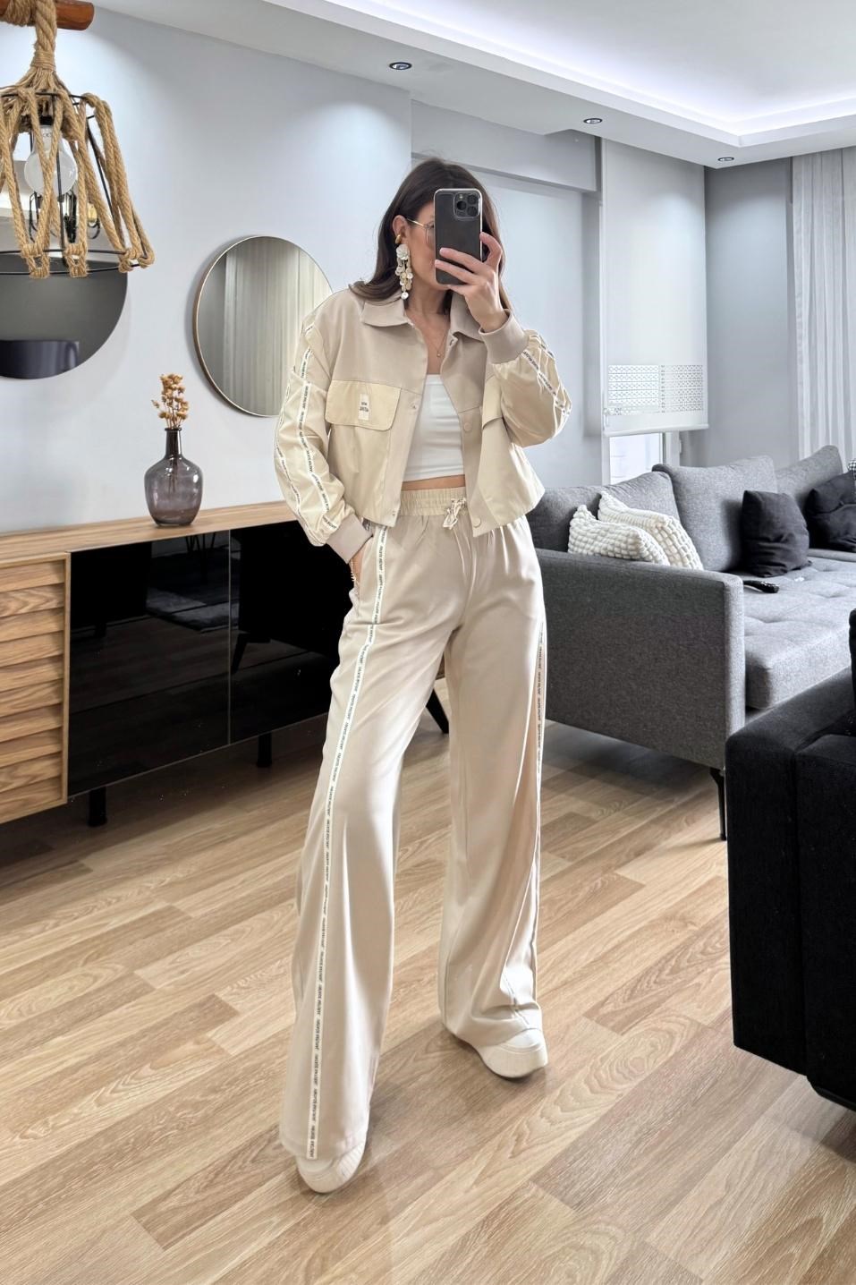 Şerit Detaylı Pantolon Bej