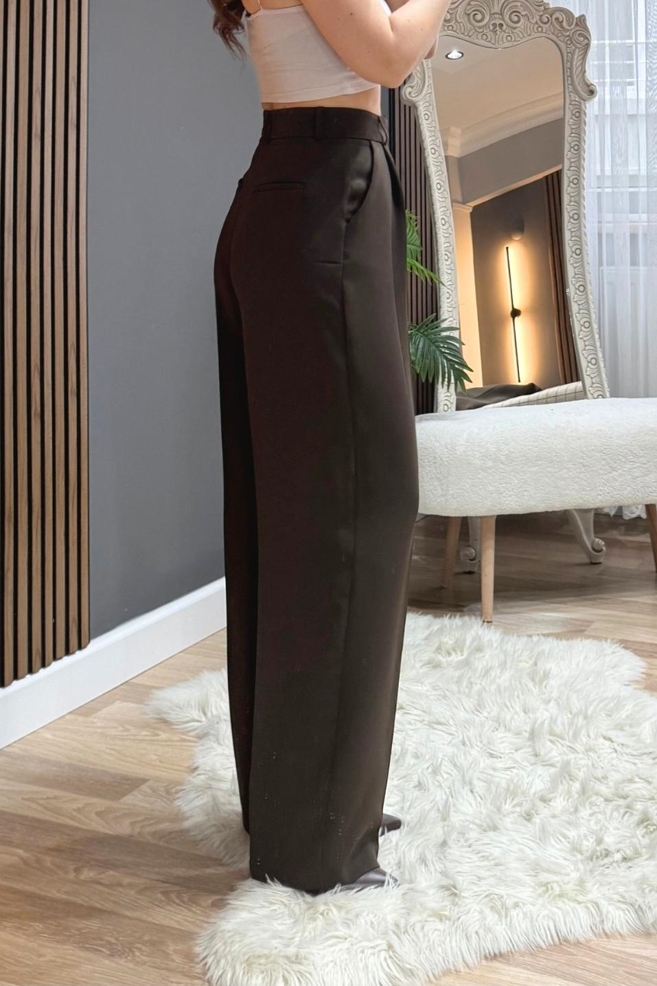 Tek Pileli Premium Palazzo Pantolon Kahverengi