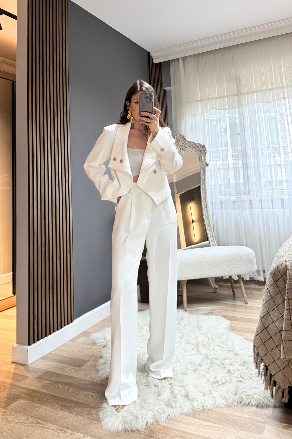 PantolonTek Pileli Premium Palazzo Pantolon Beyaz