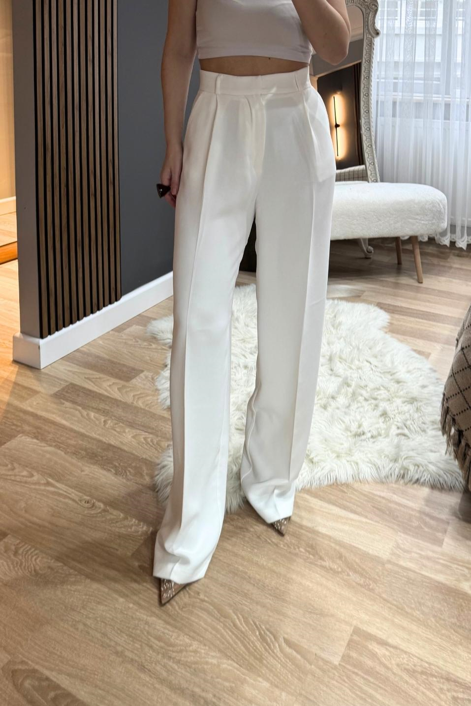 Tek Pileli Premium Palazzo Pantolon Beyaz