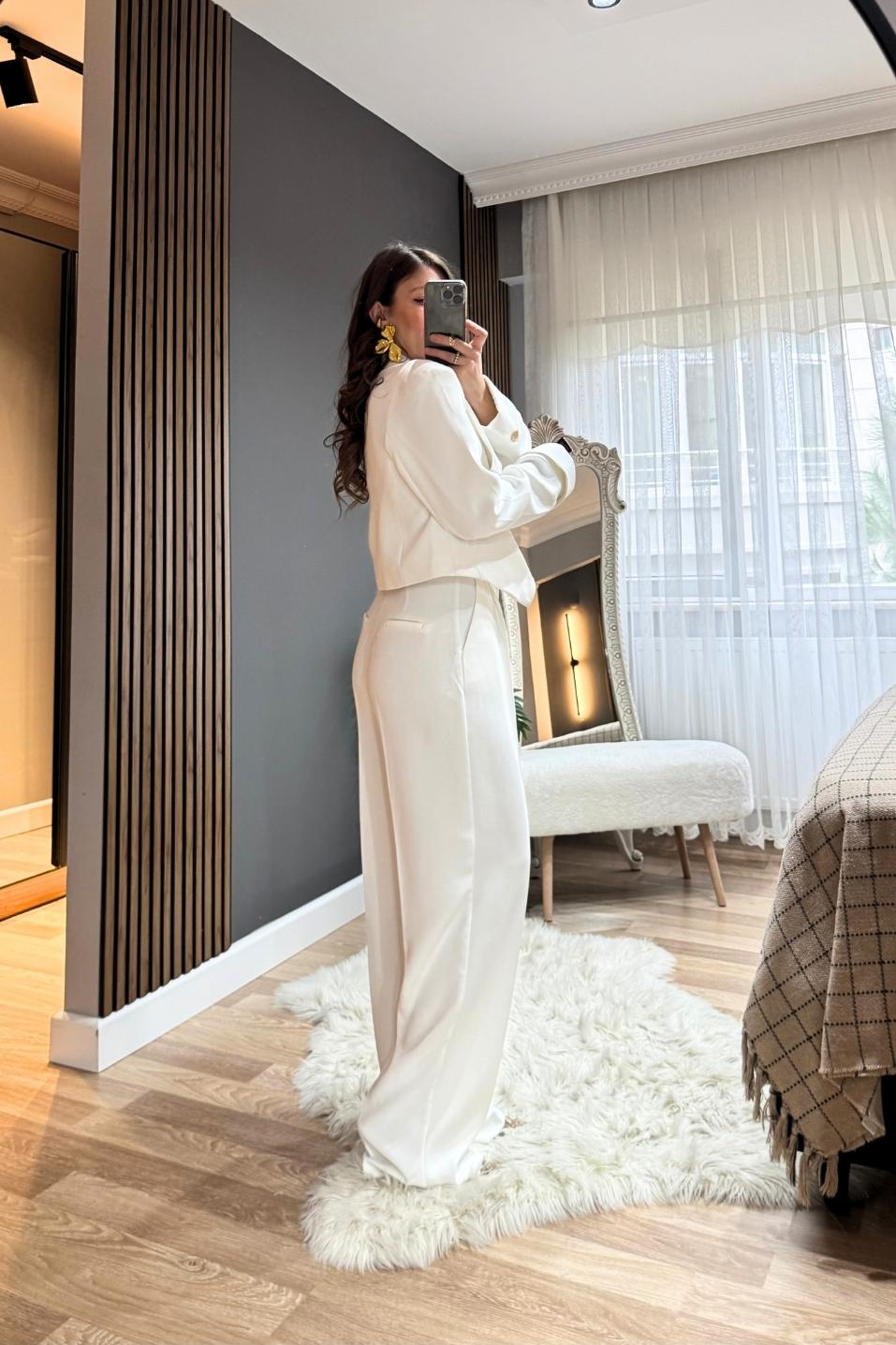 Tek Pileli Premium Palazzo Pantolon Beyaz