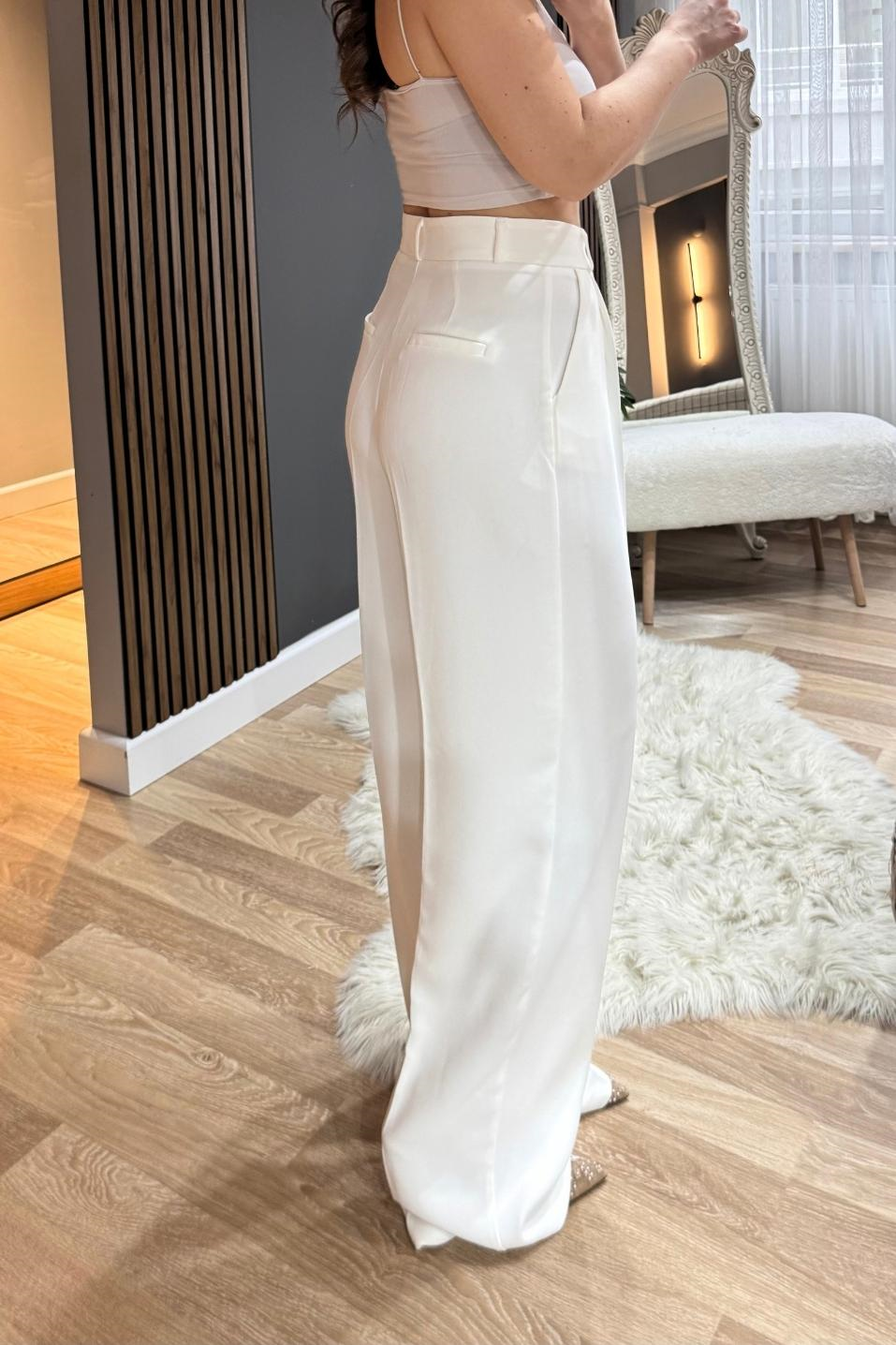 Tek Pileli Premium Palazzo Pantolon Beyaz