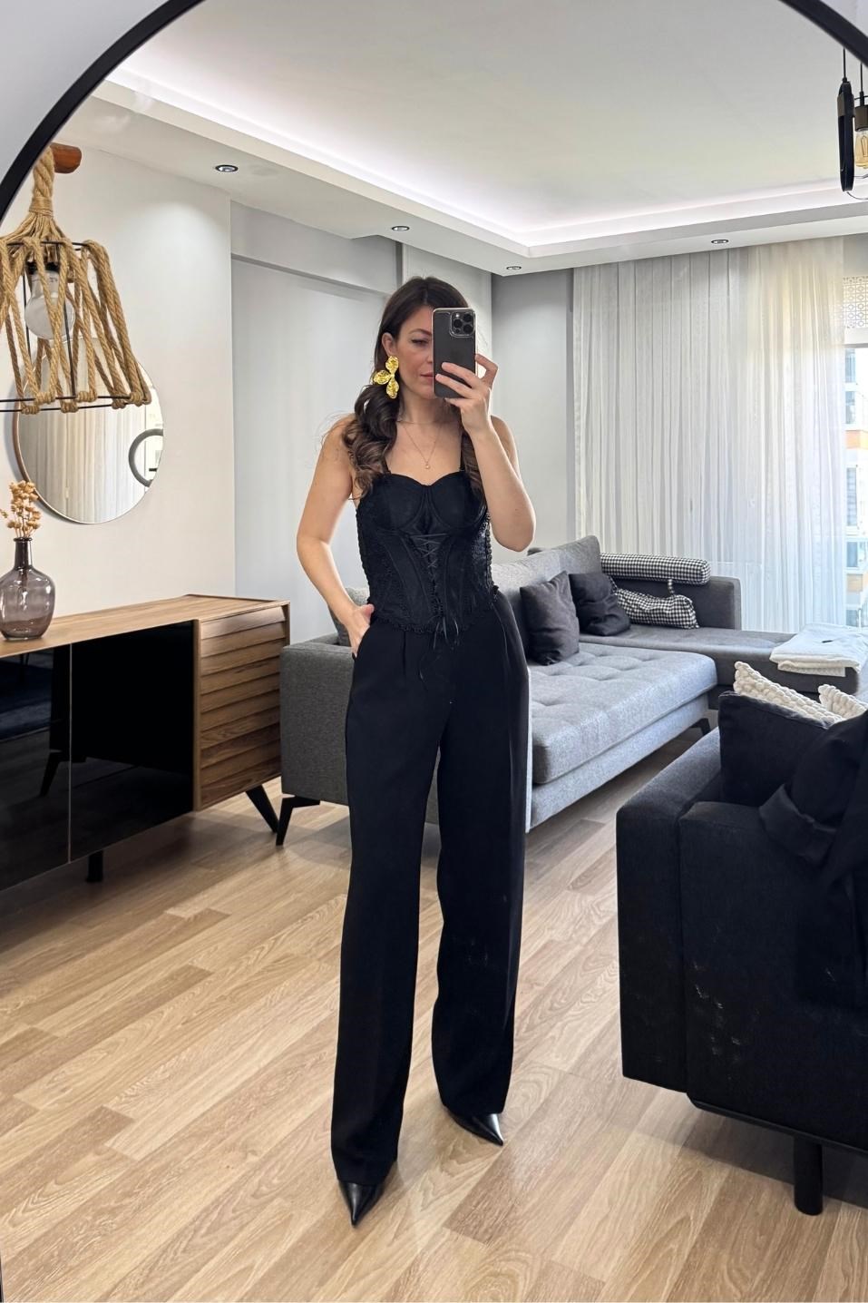 Tek Pileli Premium Palazzo Pantolon Siyah
