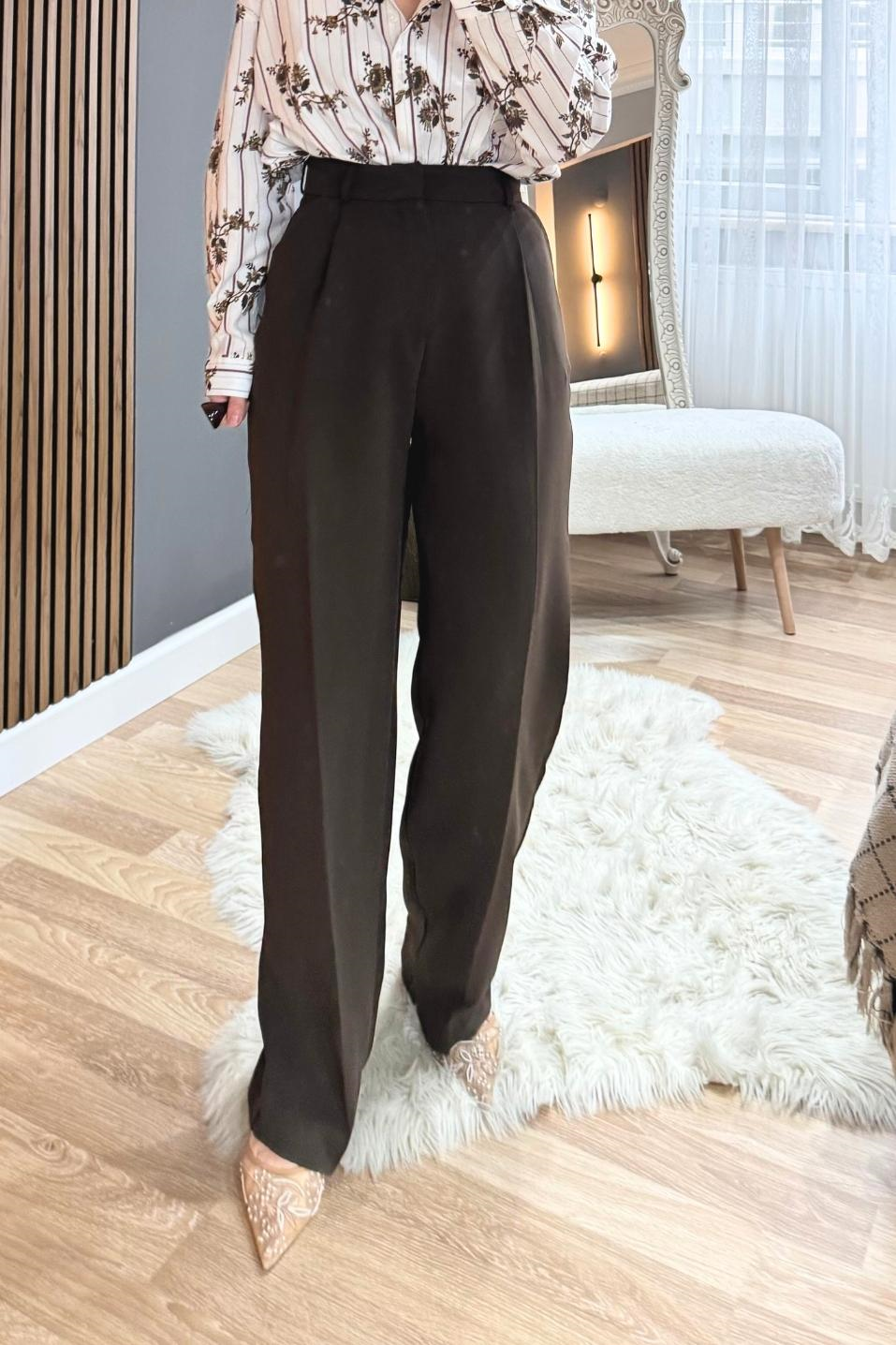 Tek Pileli Premium Palazzo Pantolon Kahverengi