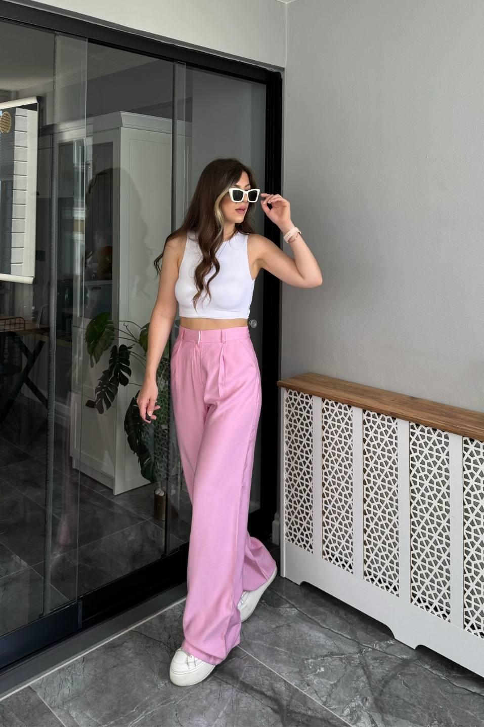 Yüksek Bel Palazzo Pantolon Pembe