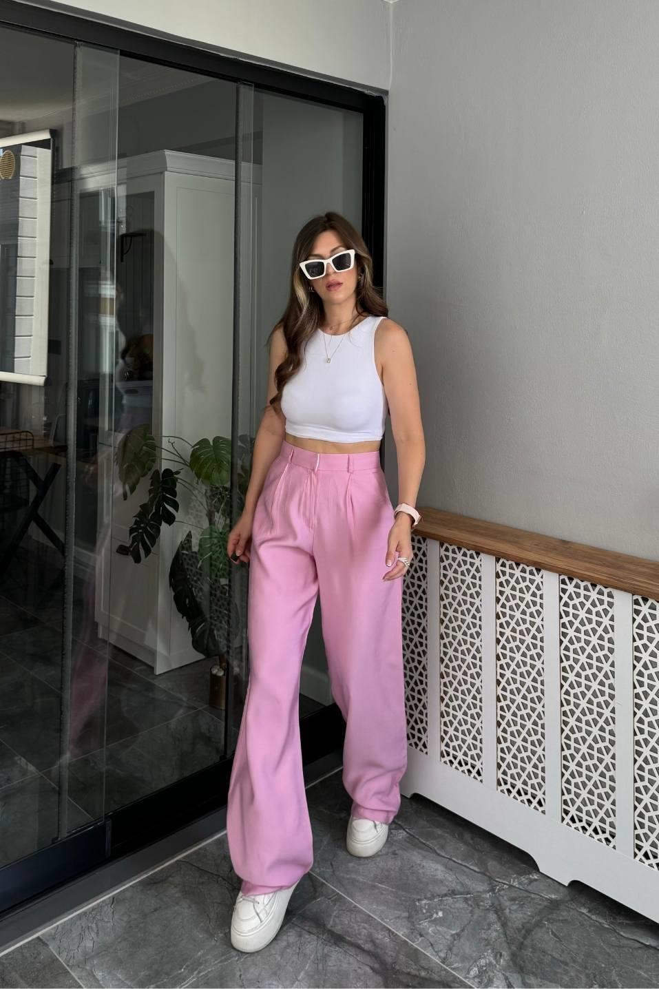 Yüksek Bel Palazzo Pantolon Pembe
