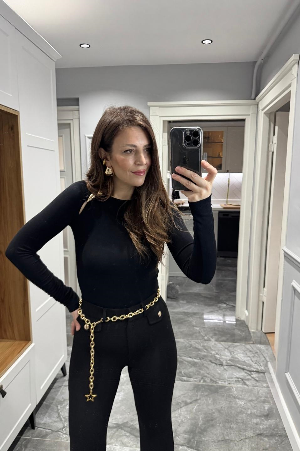 Zincir Aksesuarlı İspanyol Paça Pantolon Siyah