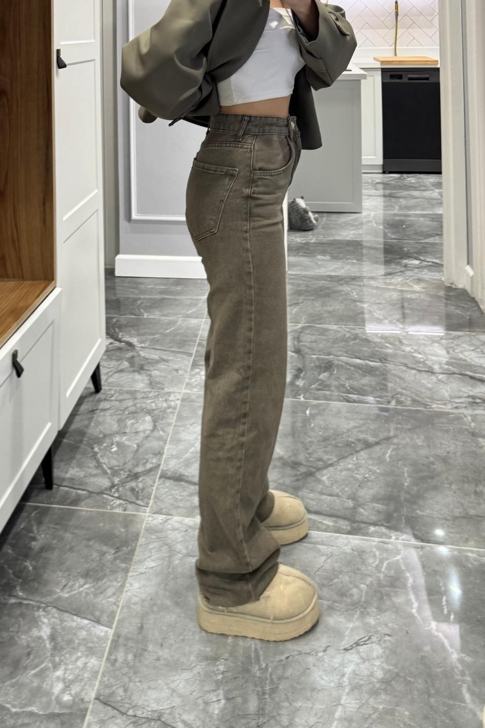 Zr Model Yıkamalı Straight Jean Haki Yeşil