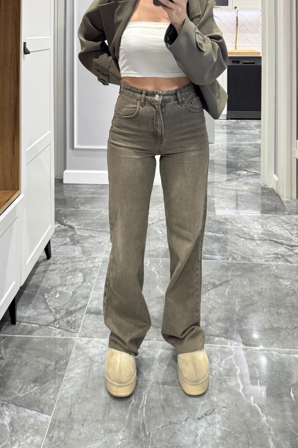 Zr Model Yıkamalı Straight Jean Haki Yeşil