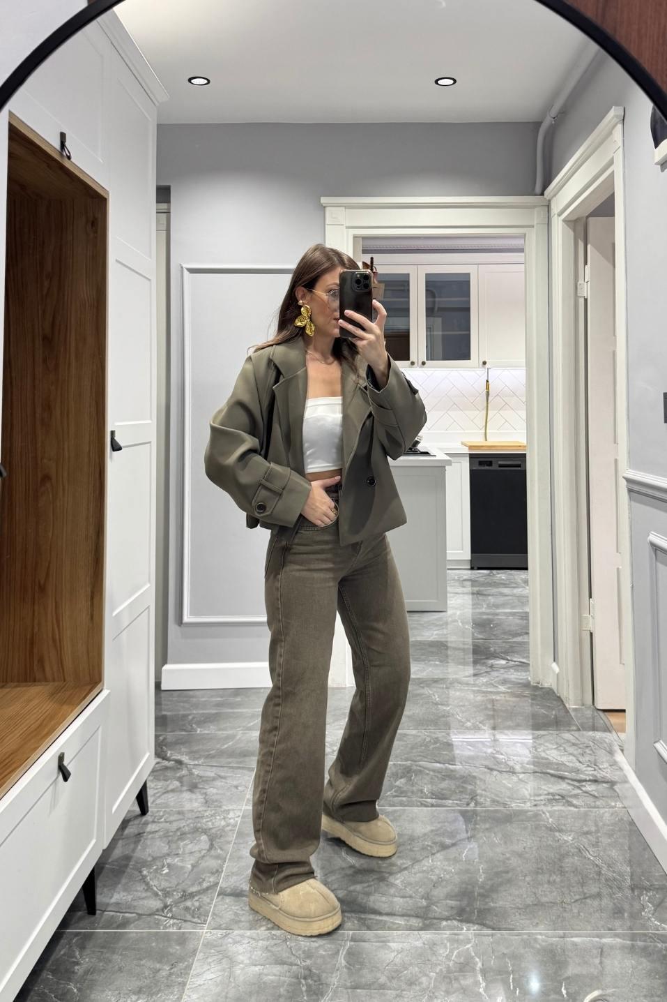 Zr Model Yıkamalı Straight Jean Haki Yeşil