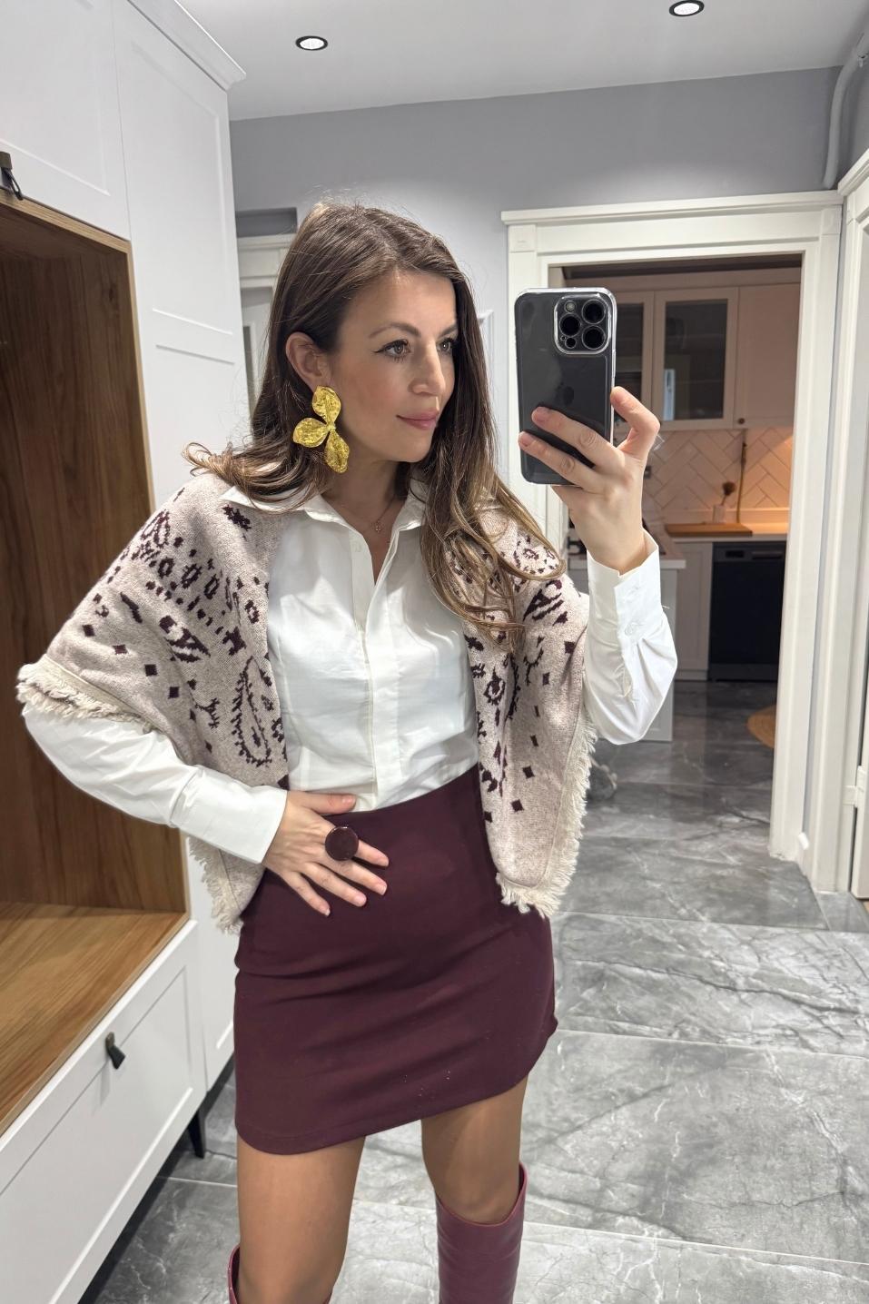 Desenli Triko Şal Bej-Bordo