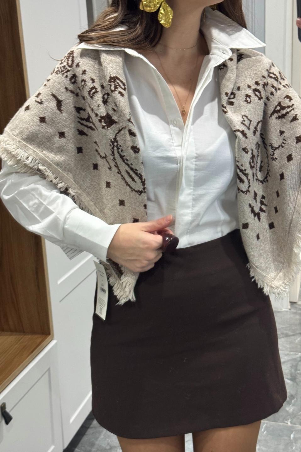 Desenli Triko Şal Bej-Kahve
