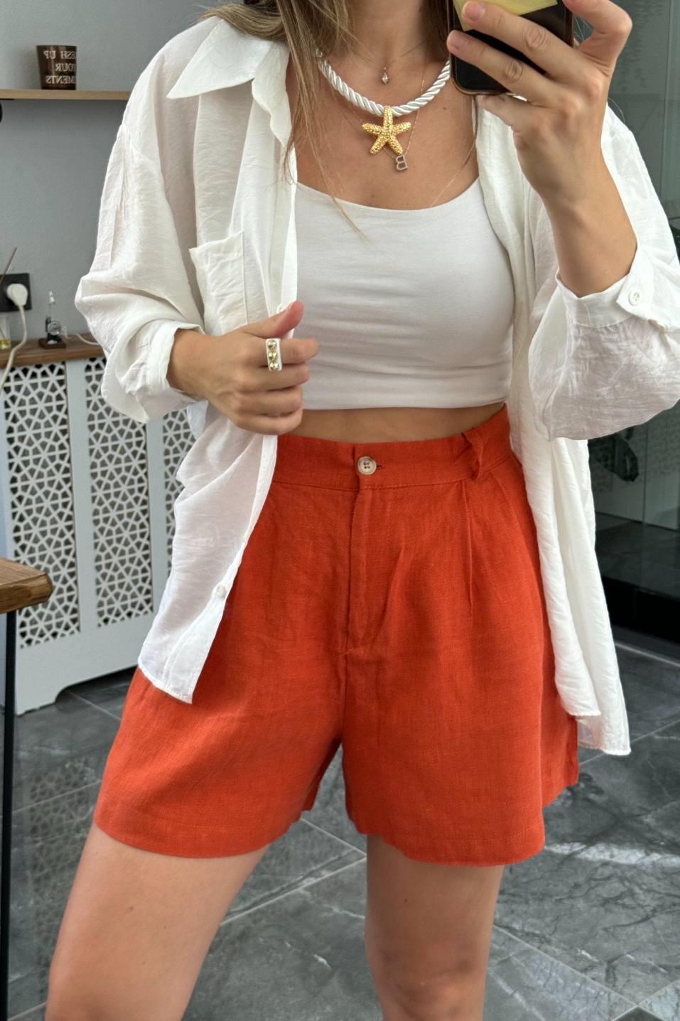 Premium Keten Şort Kiremit