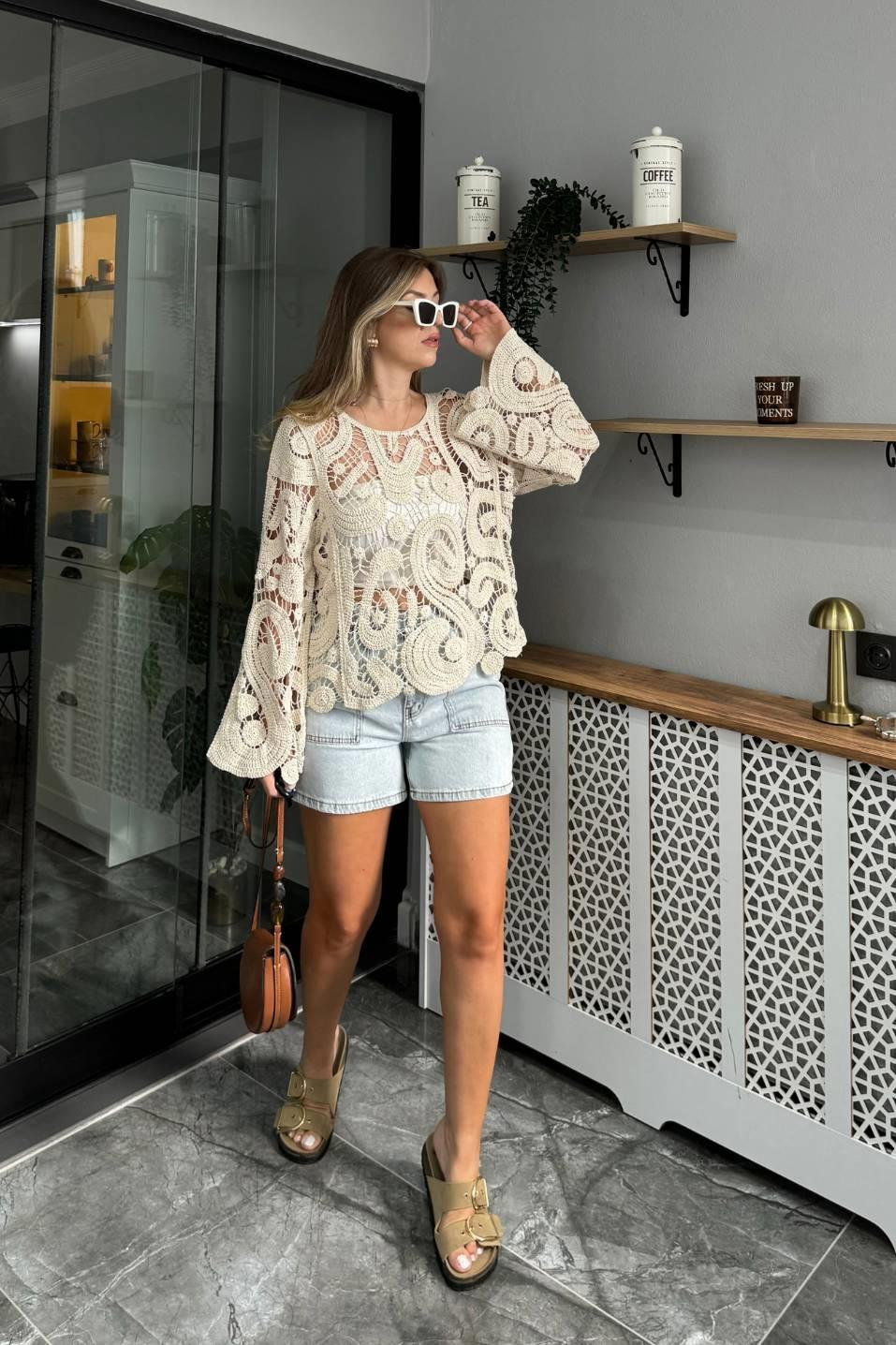 Takma Cep Denim Şort Kar Yıkama