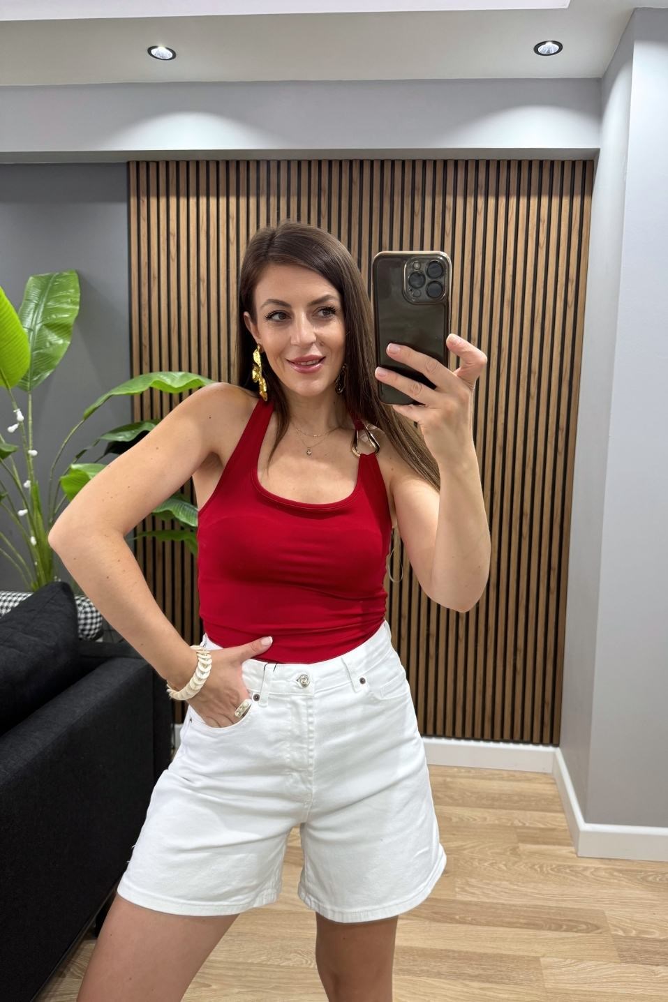 Yüksek Bel Denim Şort Beyaz