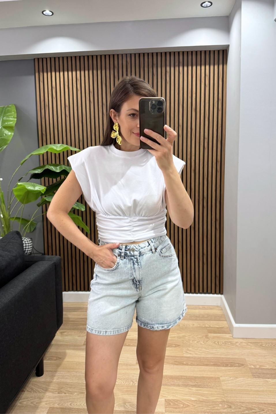 Yüksek Bel Denim Şort Buz Mavi