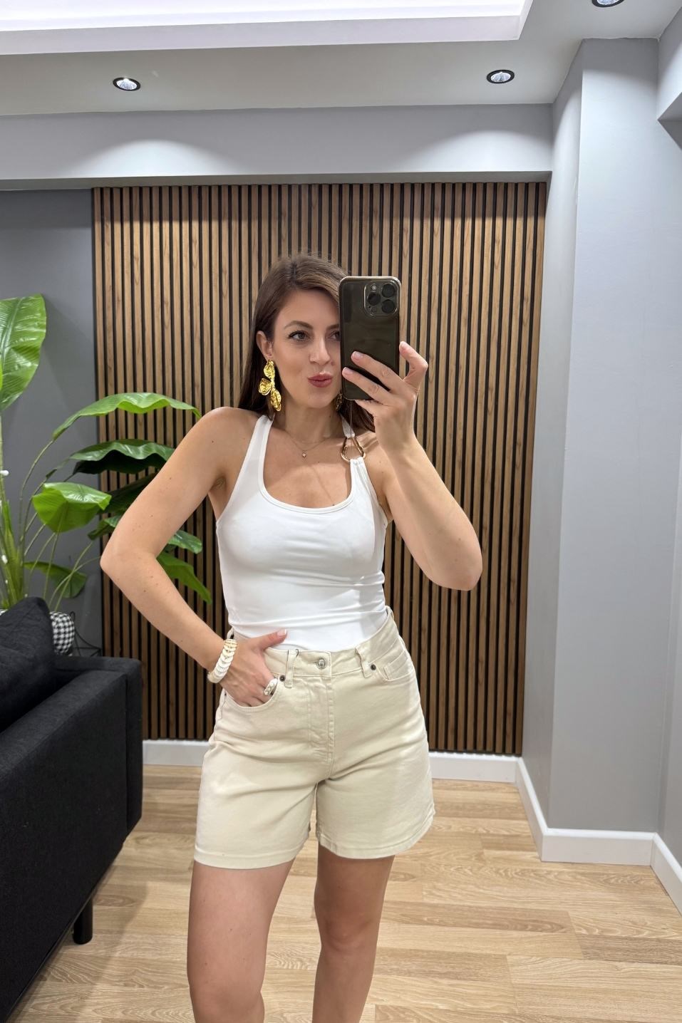 Yüksek Bel Denim Şort Taş