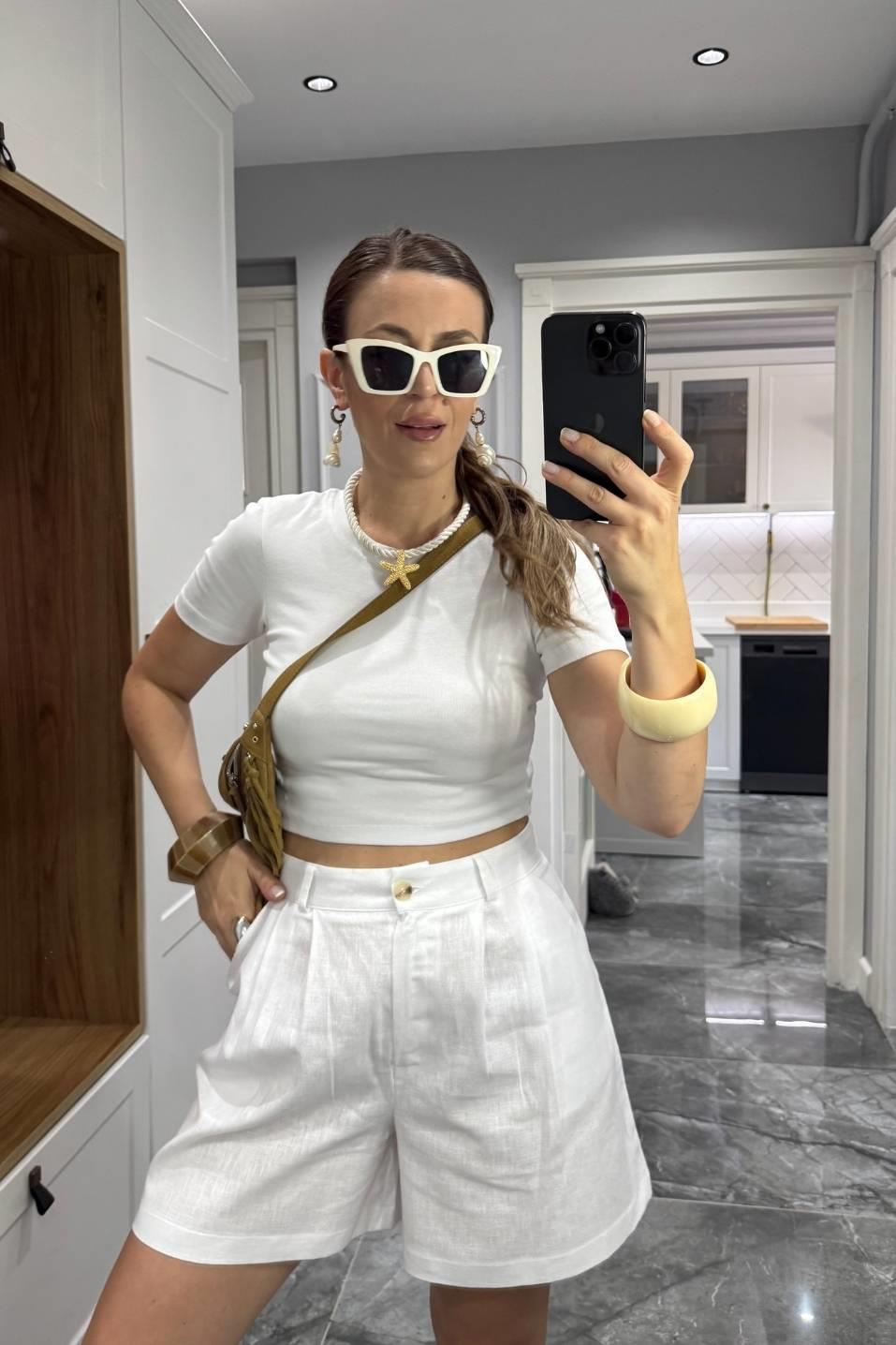 Yüksek Bel Pamuk Keten Şort Beyaz