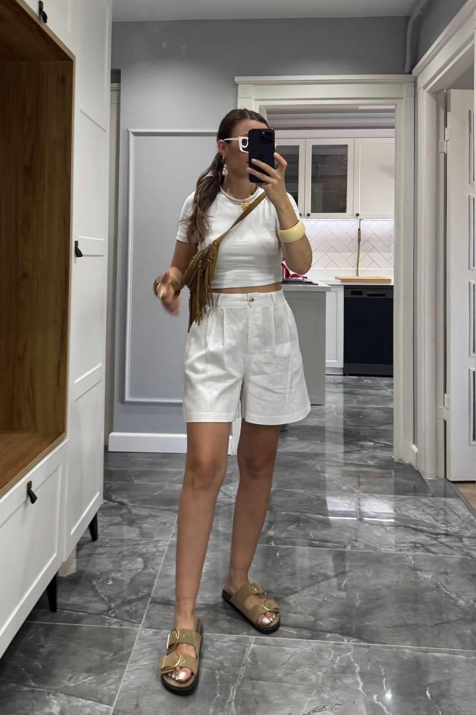 Yüksek Bel Pamuk Keten Şort Beyaz