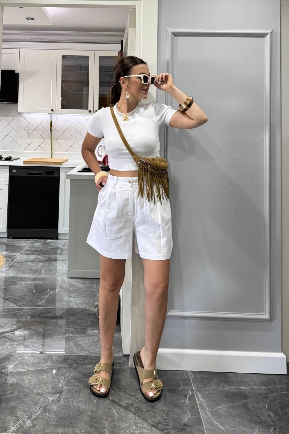 Yüksek Bel Pamuk Keten Şort Beyaz