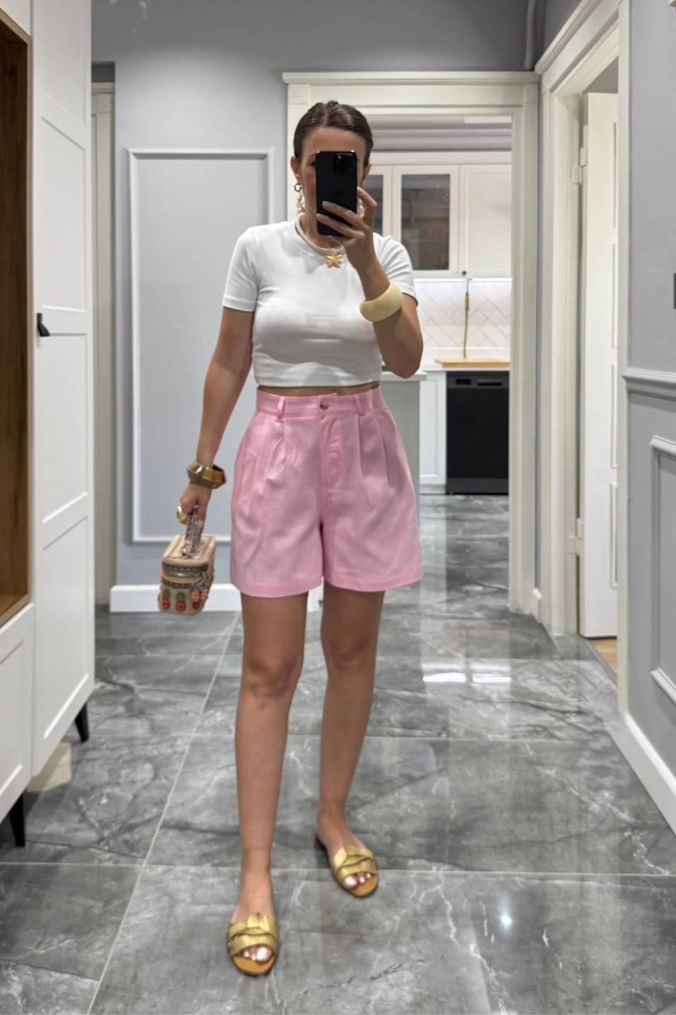 Yüksek Bel Pamuk Keten Şort Pembe