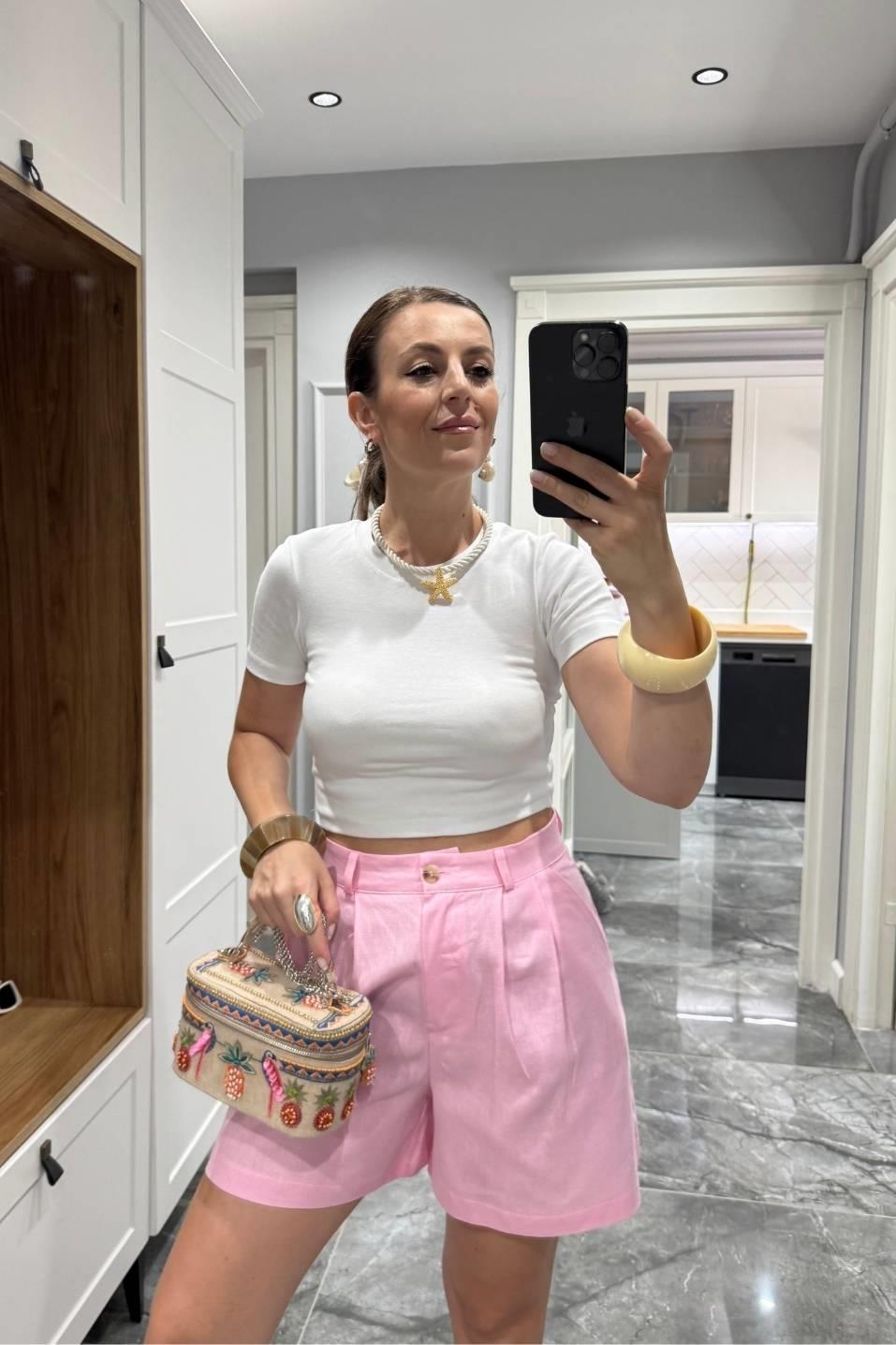 Yüksek Bel Pamuk Keten Şort Pembe