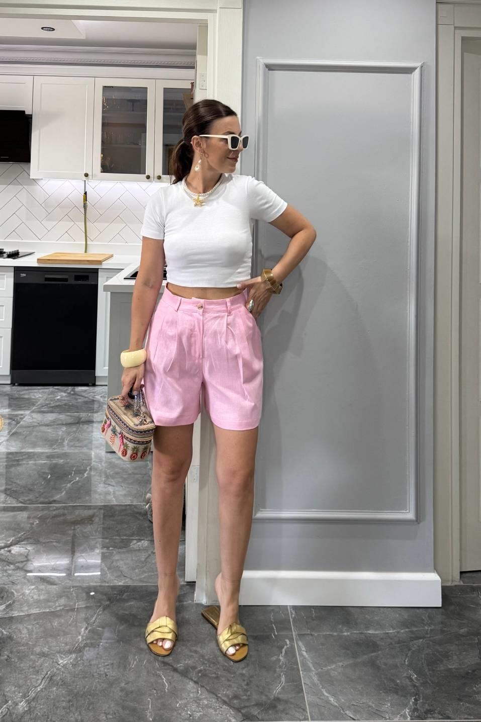 Yüksek Bel Pamuk Keten Şort Pembe
