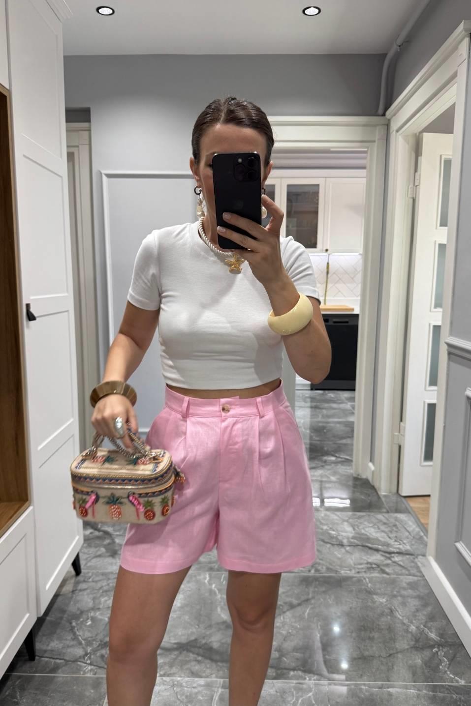 Yüksek Bel Pamuk Keten Şort Pembe