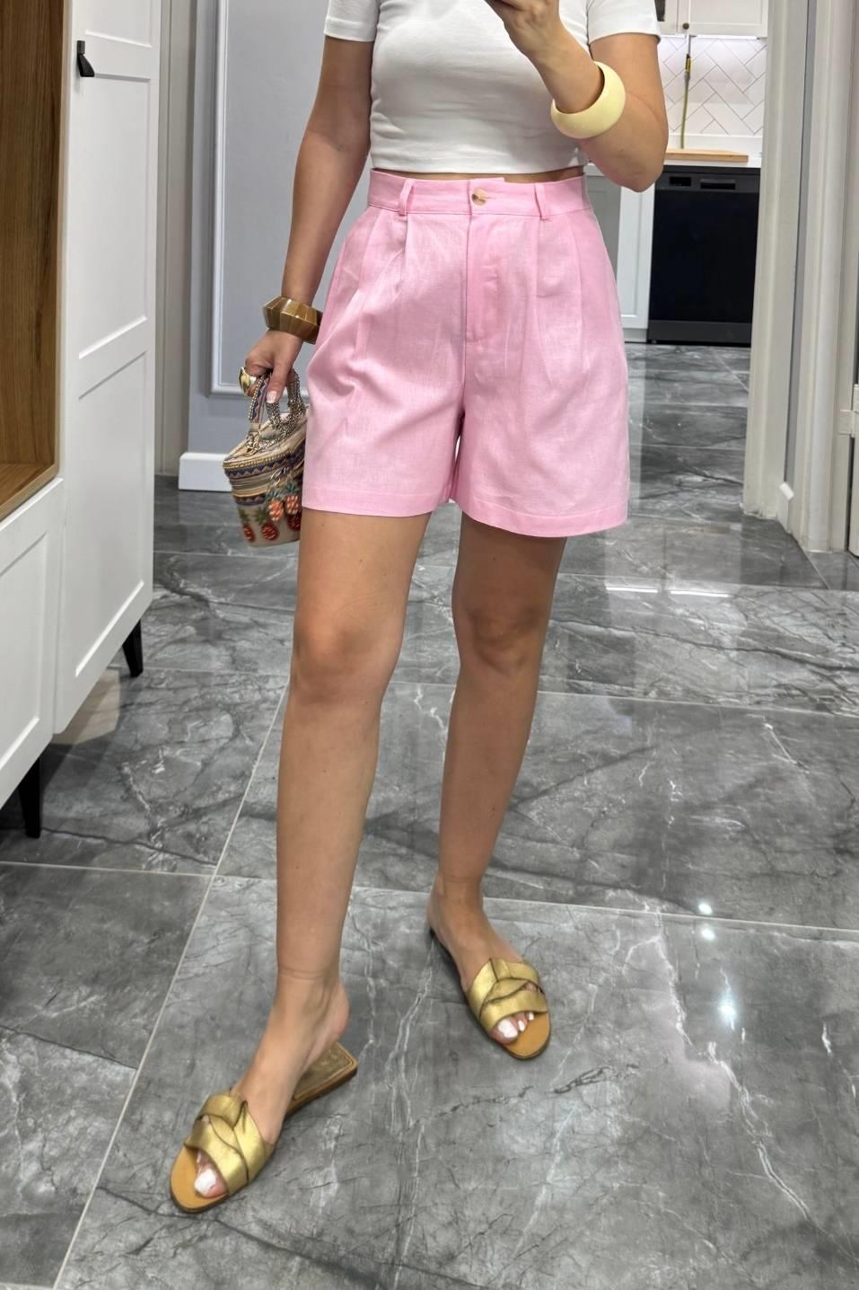 Yüksek Bel Pamuk Keten Şort Pembe