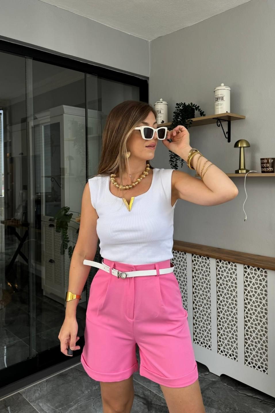 Zr Model Kemerli Şort Pembe