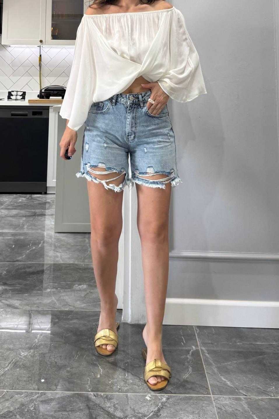 Zr Model Yırtıklı Denim Şort Mavi