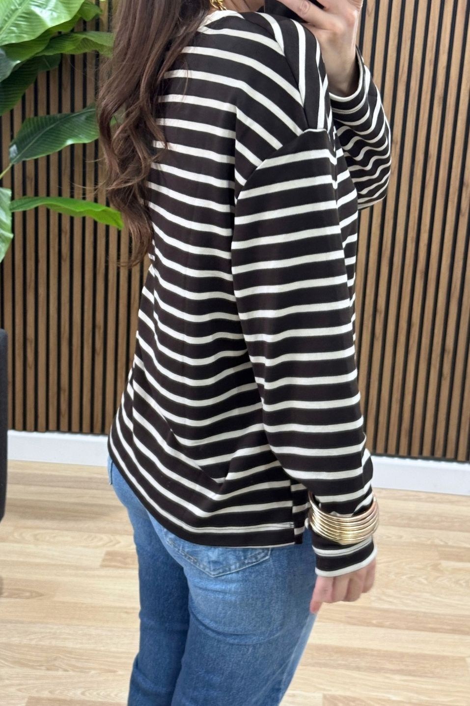Bisiklet Yaka Çizgili Oversize Sweat Kahverengi