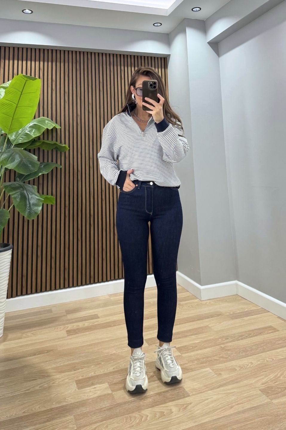 Çizgili Yarım Fermuarlı Sweatshirt Lacivert
