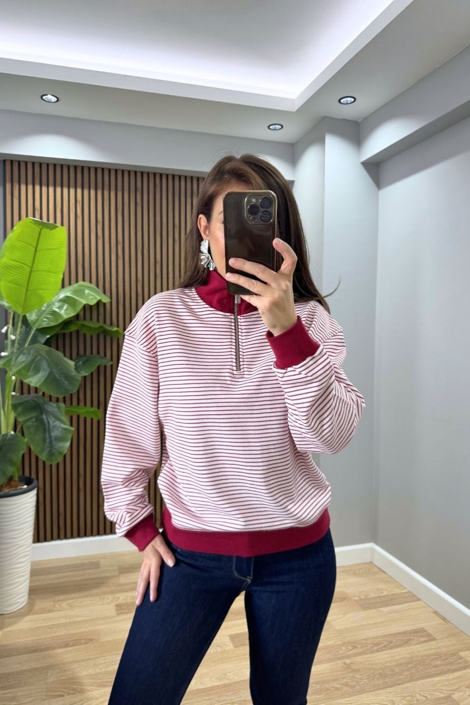 Çizgili Yarım Fermuarlı Sweatshirt Bordo