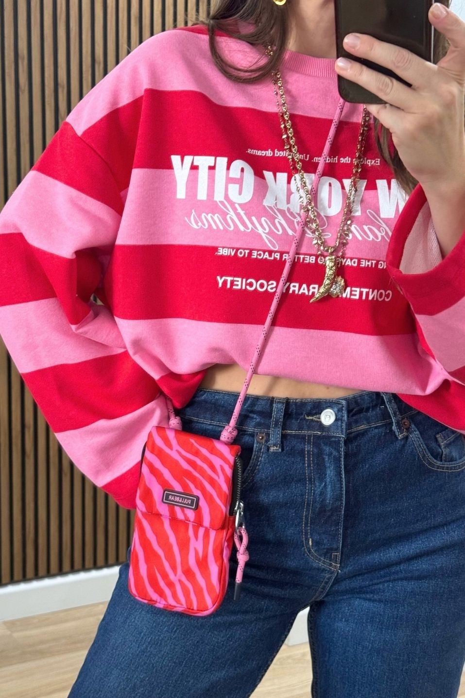 College Baskılı Çizgili Sweatshirt Pembe