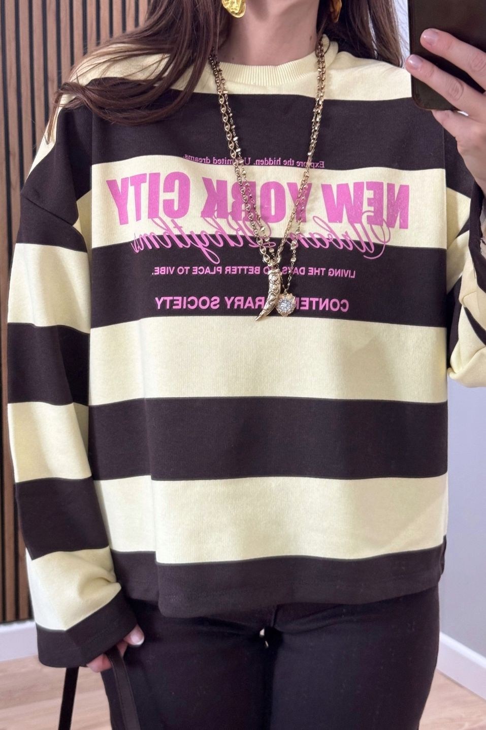 College Baskılı Çizgili Sweatshirt Sarı