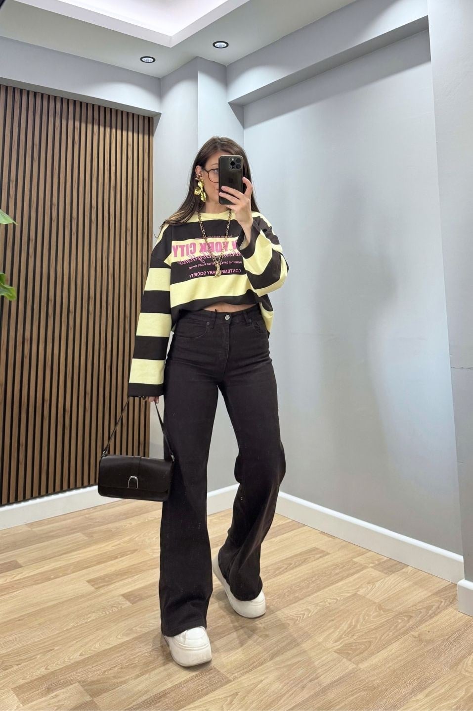 College Baskılı Çizgili Sweatshirt Sarı