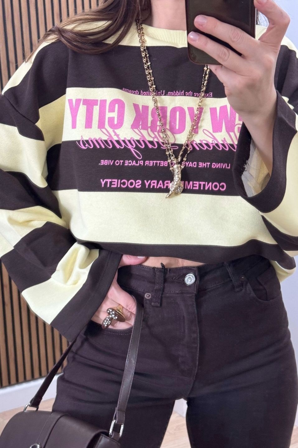 College Baskılı Çizgili Sweatshirt Sarı